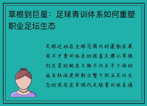 草根到巨星：足球青训体系如何重塑职业足坛生态
