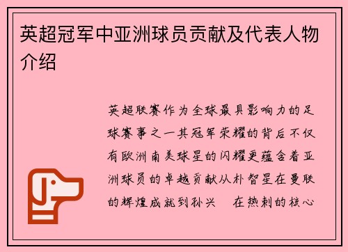 英超冠军中亚洲球员贡献及代表人物介绍